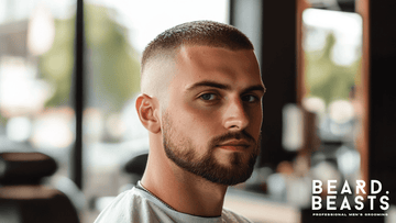 A portrait of a man with a skin fade buzz cut, featuring a smooth transition from the skin to short, evenly textured hair on top.