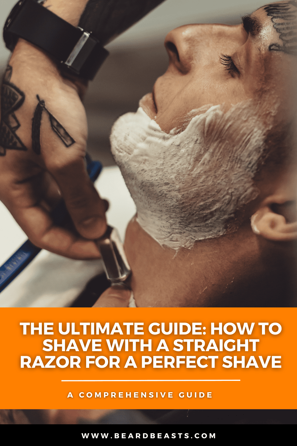 Close-up of a man getting a professional shave with a straight razor, highlighting the expertise and care involved in traditional shaving. Discover the ultimate guide on how to shave with a straight razor for a perfect, smooth finish. Visit www.beardbeasts.com for a comprehensive guide.
