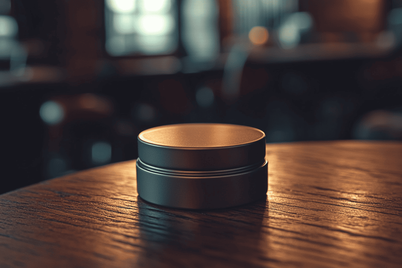 A sleek, metallic tin of men's pomade sits on a wooden table in a warmly lit room. The minimalist design of the container complements the premium quality of the pomade inside, used to style and shape a variety of popular men's pomade hairstyles.