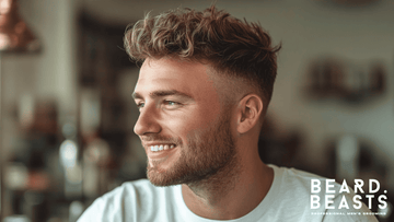 Side profile of a smiling young man featuring a stylish textured haircut, a standout choice among textured haircuts for men.